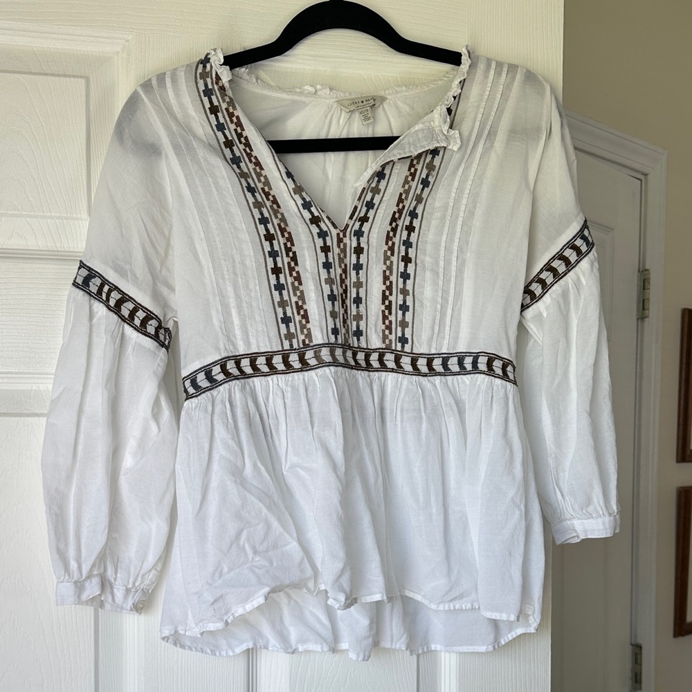 Lucky Brand XS Boho Embroidered White Peasant Top
